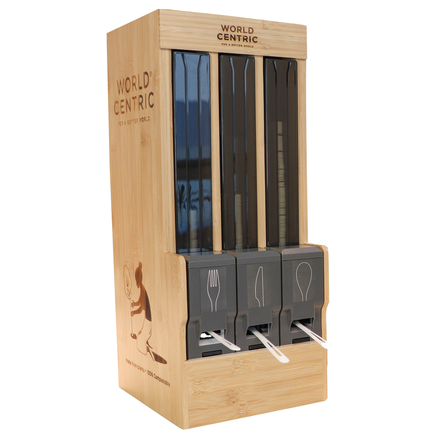 World Centric Bamboo Cutlery Dispenser Cabinet w/ fork, knife, spoon towers | 1/cs
