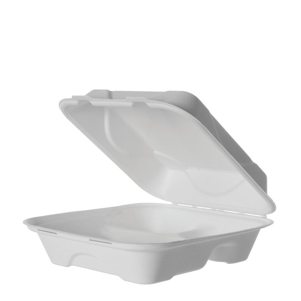 EcoProducts Vanguard™ Compostable Molded Fiber Clamshells (8in x 8in x 3in | 3-Compartment) | 200/cs