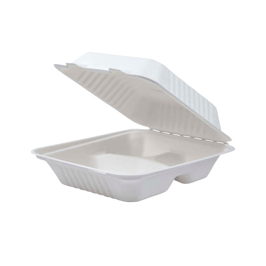 EcoProducts Vanguard™ Compostable Light Duty Molded Fiber Clamshells (8in x 8in x 3in | 3-Compartment) | 200/cs