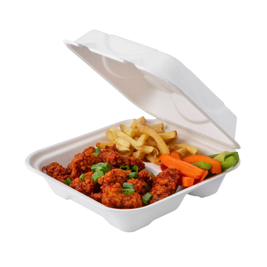 EcoProducts Vanguard™ Hinged Molded Fiber Clamshell (8" x 8" x 3" | Soak Proof | 3 Compartment) | 200/cs