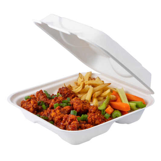 EcoProducts Vanguard™ Molded Fiber Clamshell (9" x 9" x 3" | 3 Compartment | Soak Proof) | 200/cs