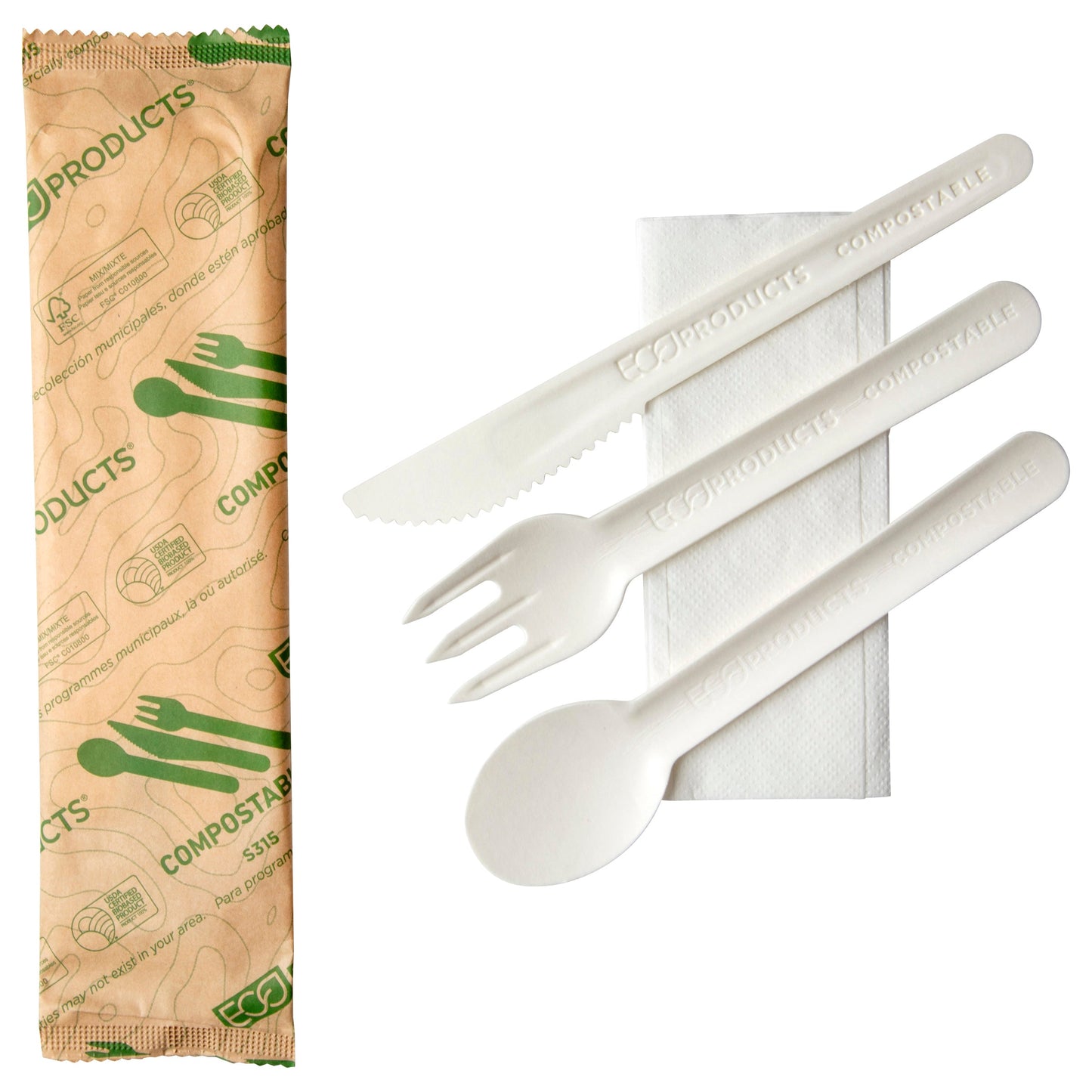 EcoProducts Compostable Paper Cutlery Fork/Knife/Spoon/Napkin Kit | 250/cs