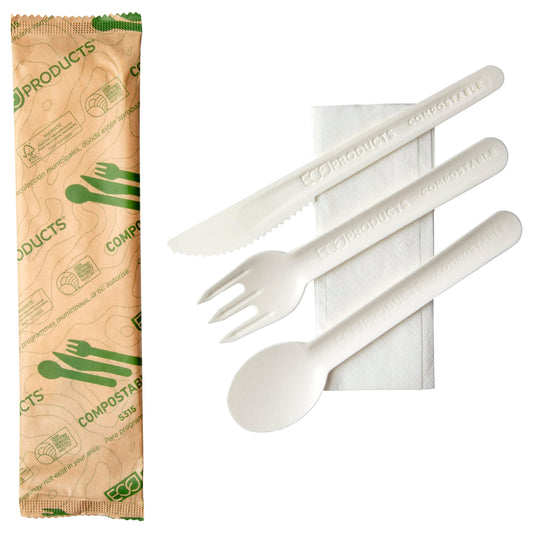 EcoProducts Compostable Paper Cutlery Fork/Knife/Spoon/Napkin Kit | 250/cs