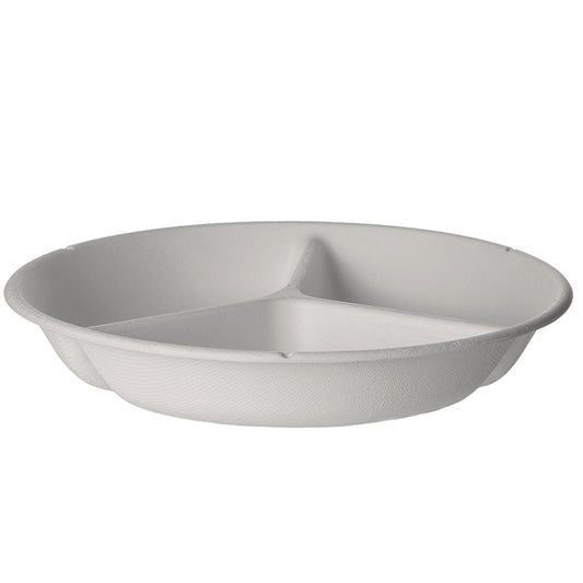 EcoProducts Vanguard™ WorldView™ Compostable Molded Fiber Take-Out Containers (9in | Round | 3-Compartment | 12-8-8oz) | 419-Series | 400/cs