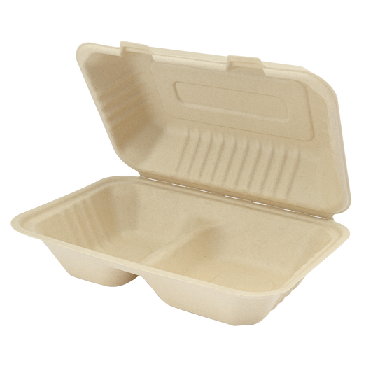 Karat Earth 9 x 6 Fiber Hinged Container | 2-Compartment | Natural | PFAS-Free