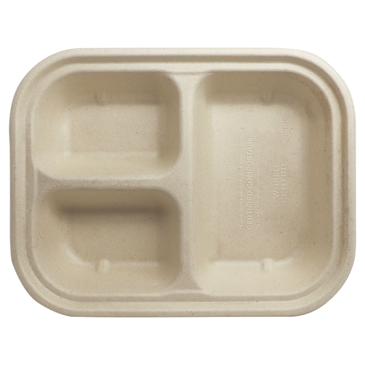 World Centric 10x7.5x1.5" (29 oz) Fiber Container Laminated, 3-Compt  | 215-Series | 400/cs