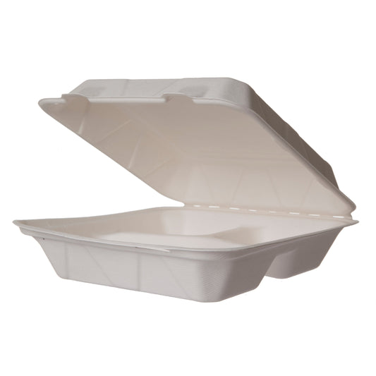 Vegware 9in 3-compartment clamshell, white molded fiber  | 200/cs